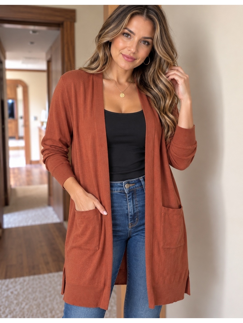 Nine West Rust Open Front Long Cardigan Sweater Size L